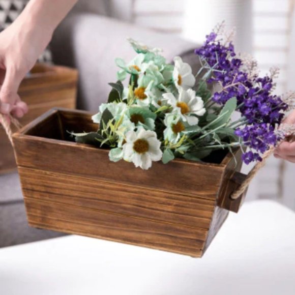 SET OF 3 DRK BROWN WOOD NESTING CRATES/PLANTERS W/ ROPE HANDLES (NEW) - Picture 4 of 5